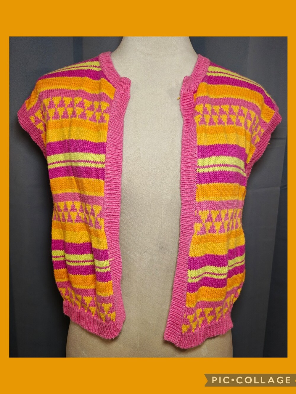 Vintage 80s Russ Knit Open Front Geometric & Stripes Cardigan Sweater.